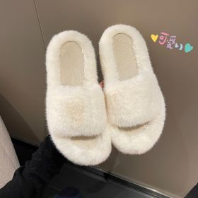 furry house slippers winter for women 2022 trend Soft warm fur fluffy slippers women flat indoor home korean shoes Plus Size 42 (Color: Beige)