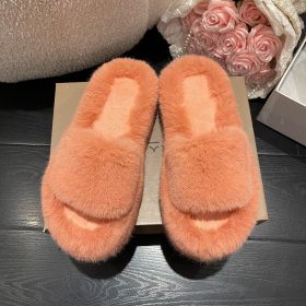 furry house slippers winter for women 2022 trend Soft warm fur fluffy slippers women flat indoor home korean shoes Plus Size 42 (Color: Orange)