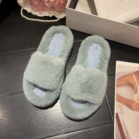 furry house slippers winter for women 2022 trend Soft warm fur fluffy slippers women flat indoor home korean shoes Plus Size 42 (Color: Blue)