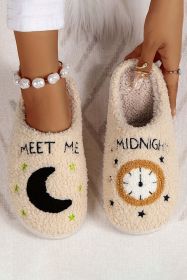 Parchment Moon & Clock Pattern Fuzzy Home Slippers (Color: Parchment)